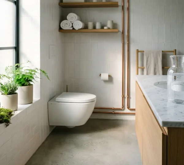 Moderne badkamer met toilet aangesloten op regenwaterinstallatie en groene planten