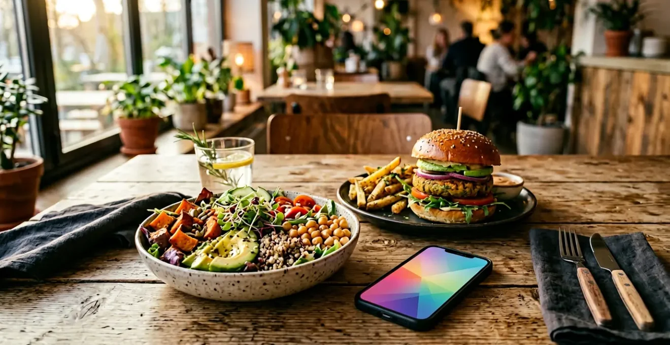 Smartphone met veganistische maaltijd op tafel in hip restaurant zonder tekst