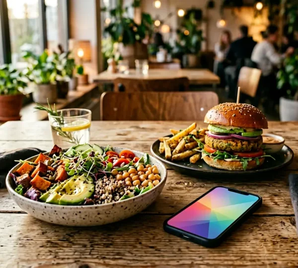 Smartphone met veganistische maaltijd op tafel in hip restaurant zonder tekst