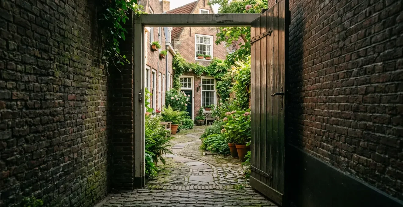 Verborgen hofje met historische huizen rondom een groene binnentuin in een Nederlandse stad