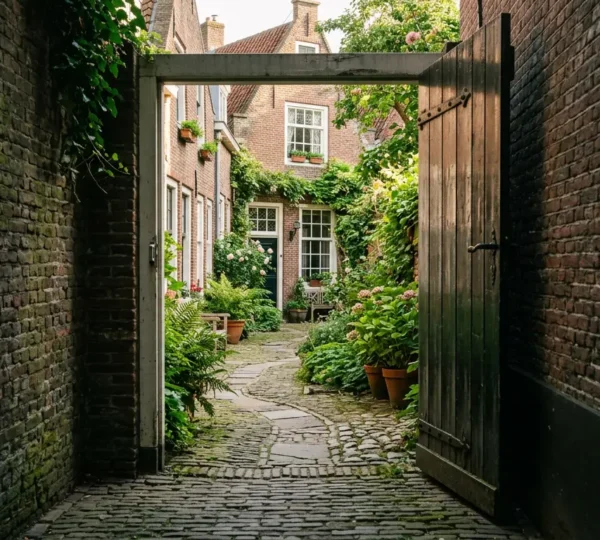 Verborgen hofje met historische huizen rondom een groene binnentuin in een Nederlandse stad