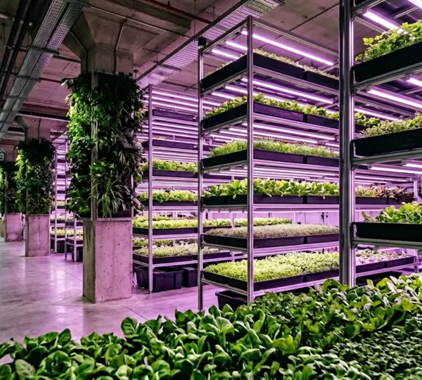 Moderne vertical farm geïntegreerd in een voormalig kantoorgebouw met LED-verlichting en meerdere teeltlagen