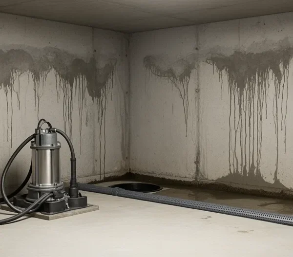 Ondergelopen kelder door extreme regenval met waterschadepreventiemaatregelen