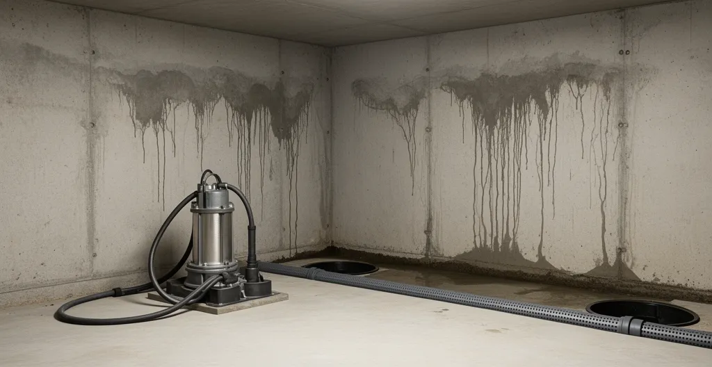 Ondergelopen kelder door extreme regenval met waterschadepreventiemaatregelen