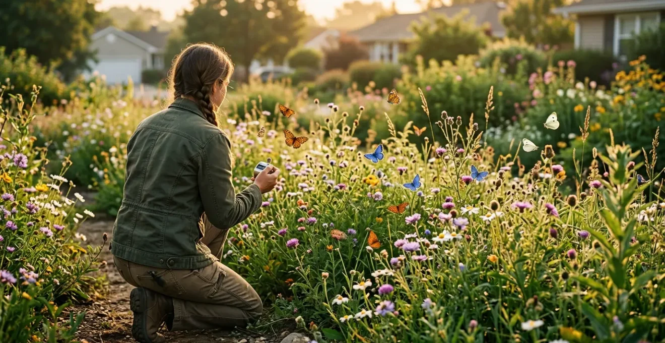 Een persoon telt vlinders in de achtertuin met een notitieblok terwijl vlinders rond bloemen vliegen
