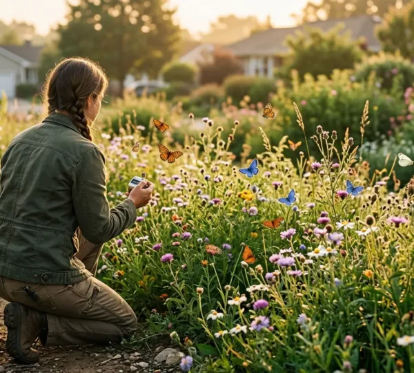 Een persoon telt vlinders in de achtertuin met een notitieblok terwijl vlinders rond bloemen vliegen