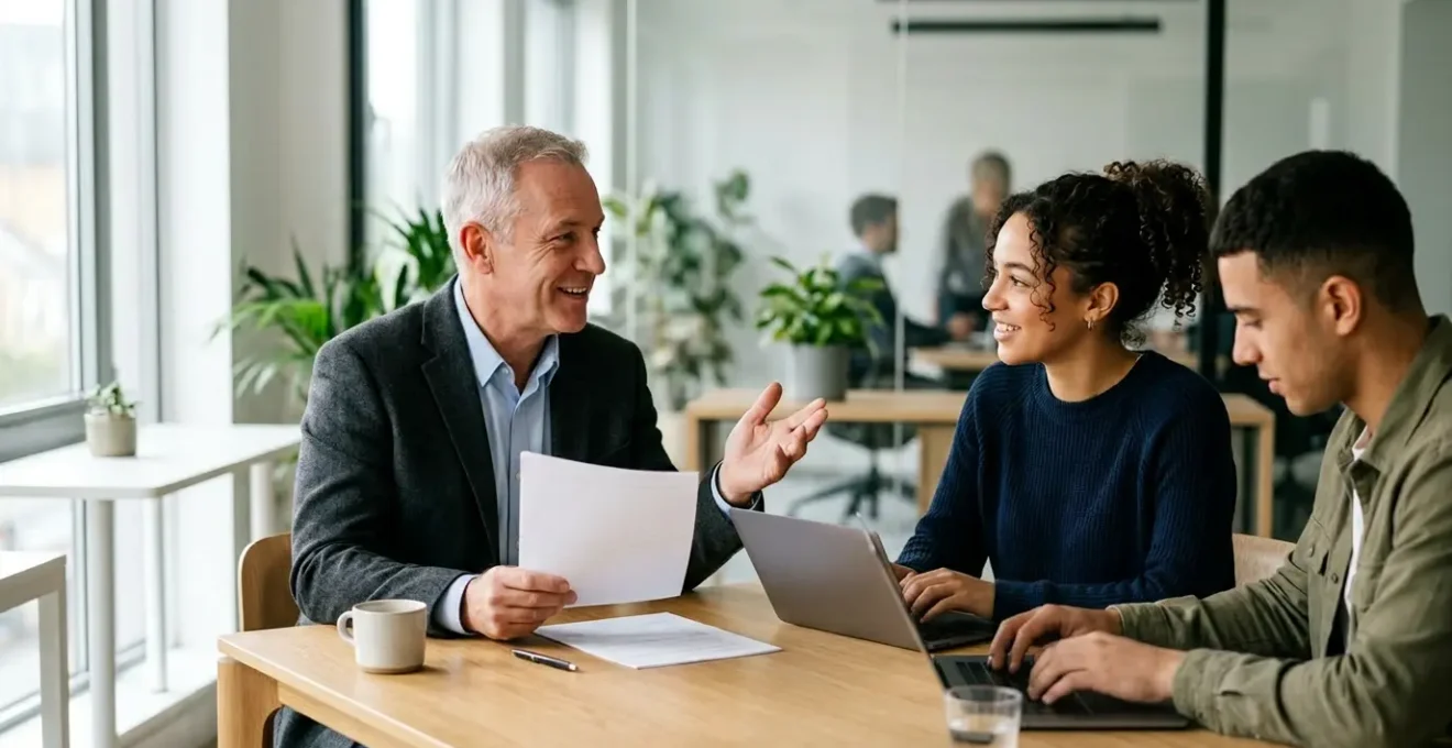 Een professional van middelbare leeftijd in een kantoorruimte die samenwerkt met jongere collega's, symboliseert de overgang van vrijwilligerswerk naar betaald werk