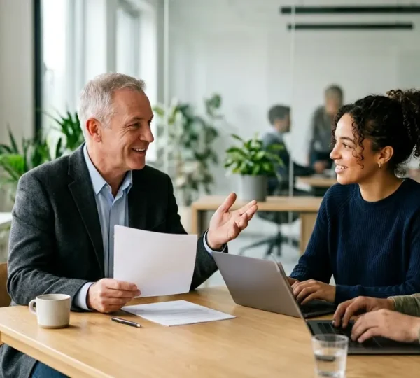 Een professional van middelbare leeftijd in een kantoorruimte die samenwerkt met jongere collega's, symboliseert de overgang van vrijwilligerswerk naar betaald werk