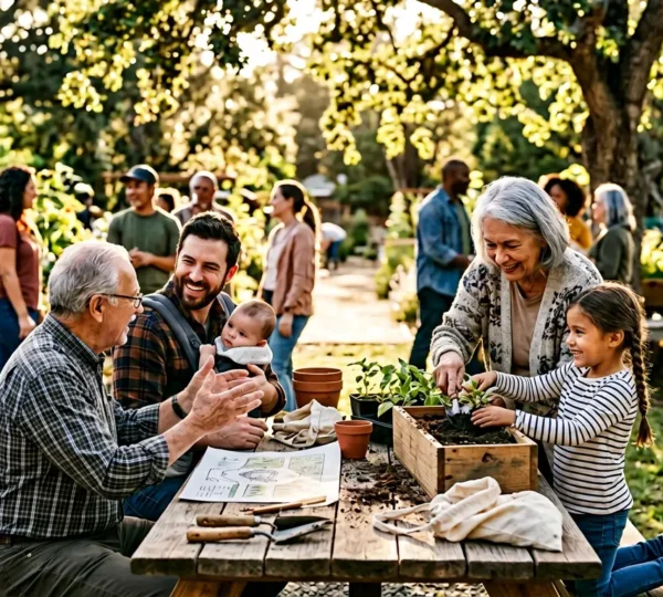 Levendige wijkbijeenkomst met verschillende generaties die samenwerken aan gemeenschapsprojecten