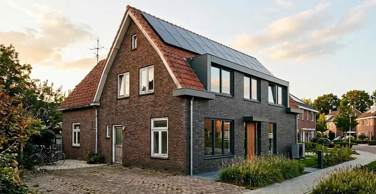 Moderne woning met zichtbare duurzame elementen zoals zonnepanelen en groene isolatie