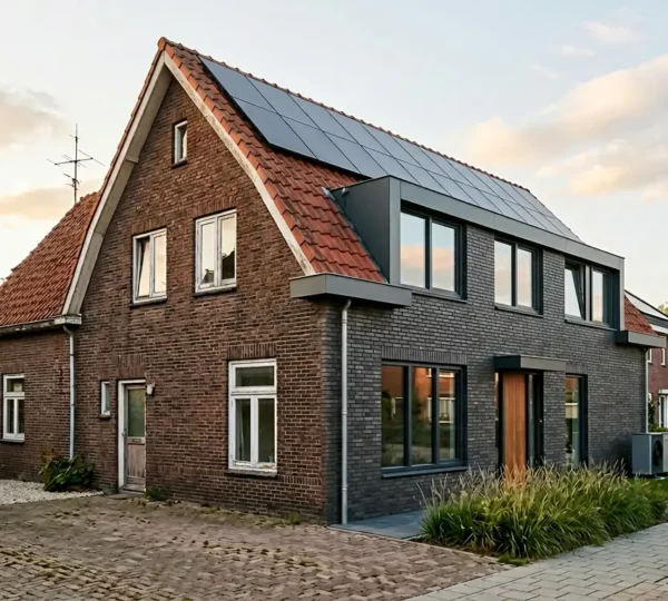 Moderne woning met zichtbare duurzame elementen zoals zonnepanelen en groene isolatie