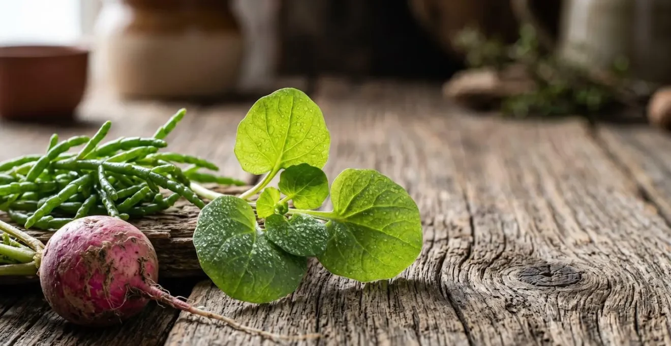 Nederlandse lentegroenten op rustieke houten tafel met wilde planten