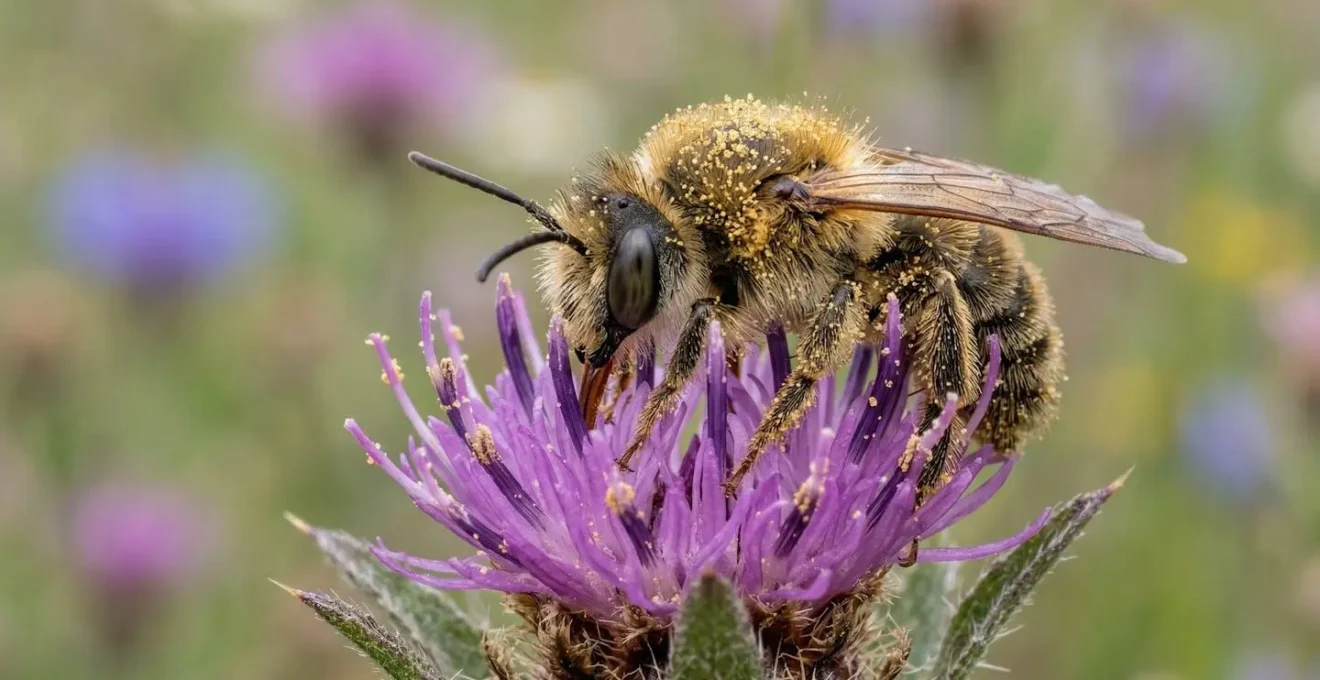 Close-up van bij op inheemse bloem met zichtbaar stuifmeel