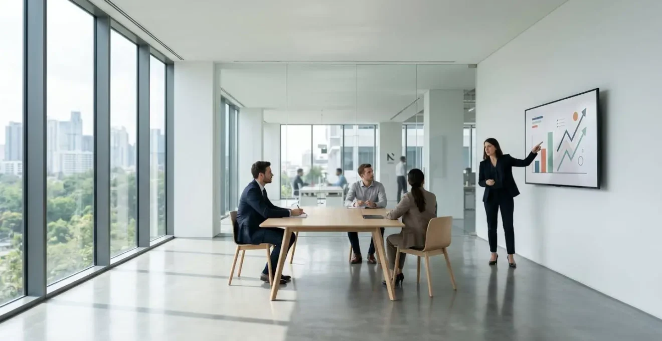Professional in vergaderruimte presenteert grafiek aan collega's