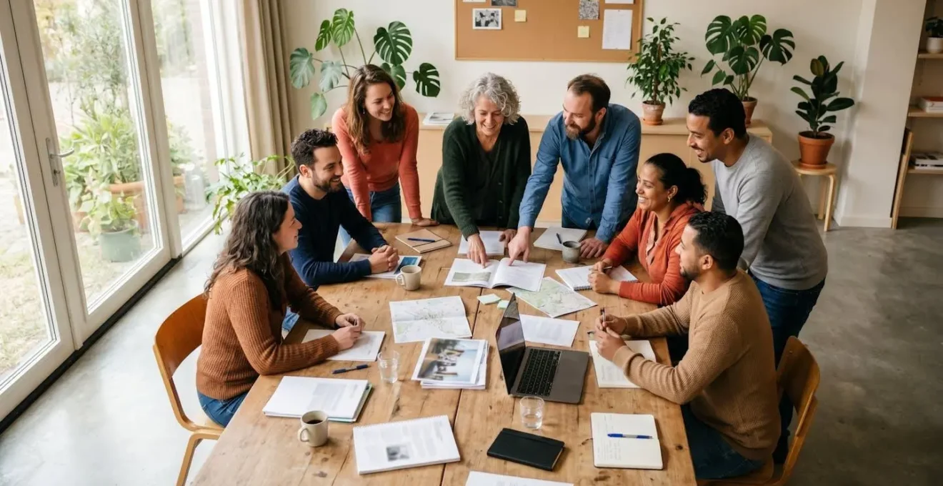 Groep buurtbewoners in constructief overleg rond tafel met papieren op veilige afstand