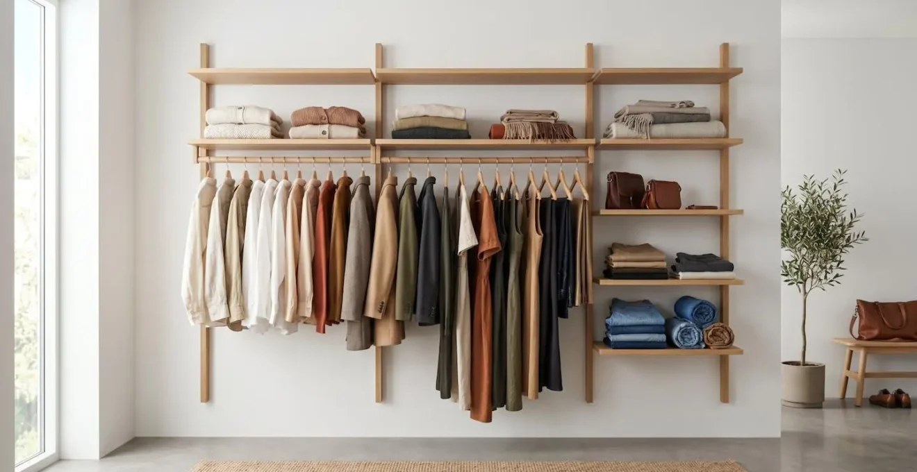 Overzicht van een georganiseerde capsule wardrobe met neutrale basiskledingstukken