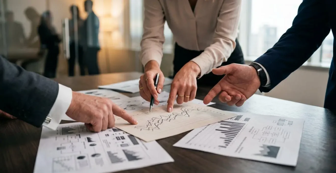 Professionele setting met verzekeringsdocumenten en risico-analyse visualisatie