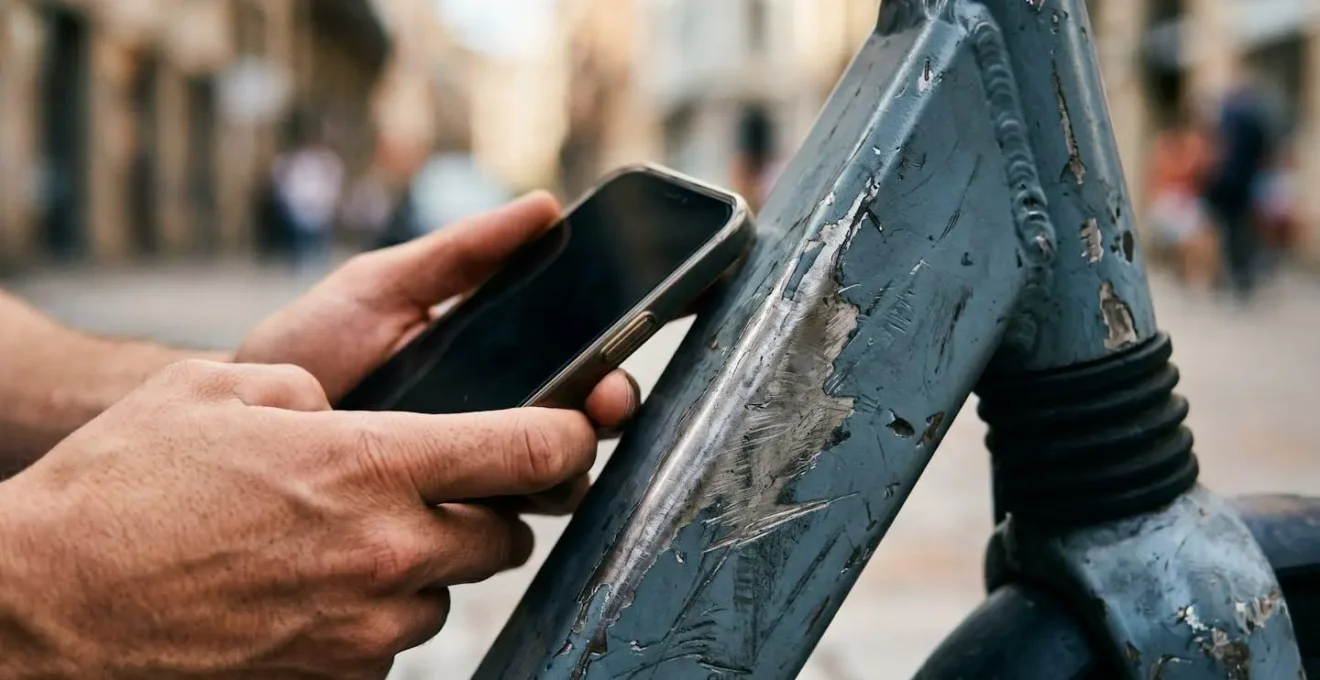 Close-up van een smartphone die de schade aan een deelscooter documenteert als bewijs.