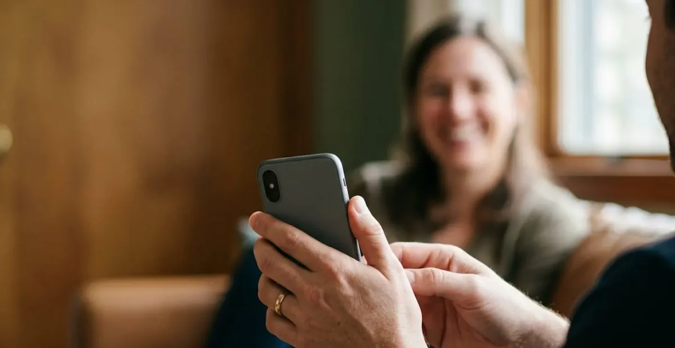 Close-up van handen die een smartphone vasthouden, met op de achtergrond een onscherp profiel van een persoon.