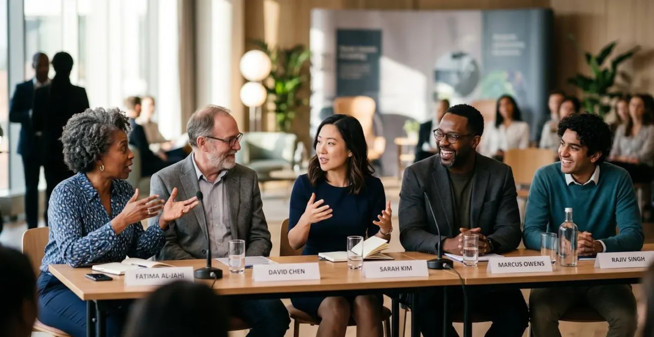 Diverse groep sprekers in paneldiscussie met verschillende achtergronden
