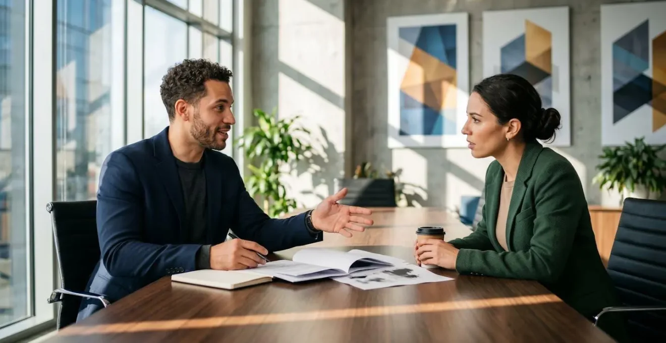 Professional presenteert documenten aan werkgever in een moderne vergaderruimte