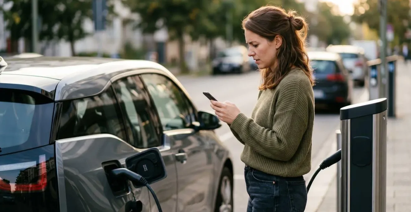 Elektrische auto bij moderne laadpaal in stedelijke omgeving tijdens gouden uur