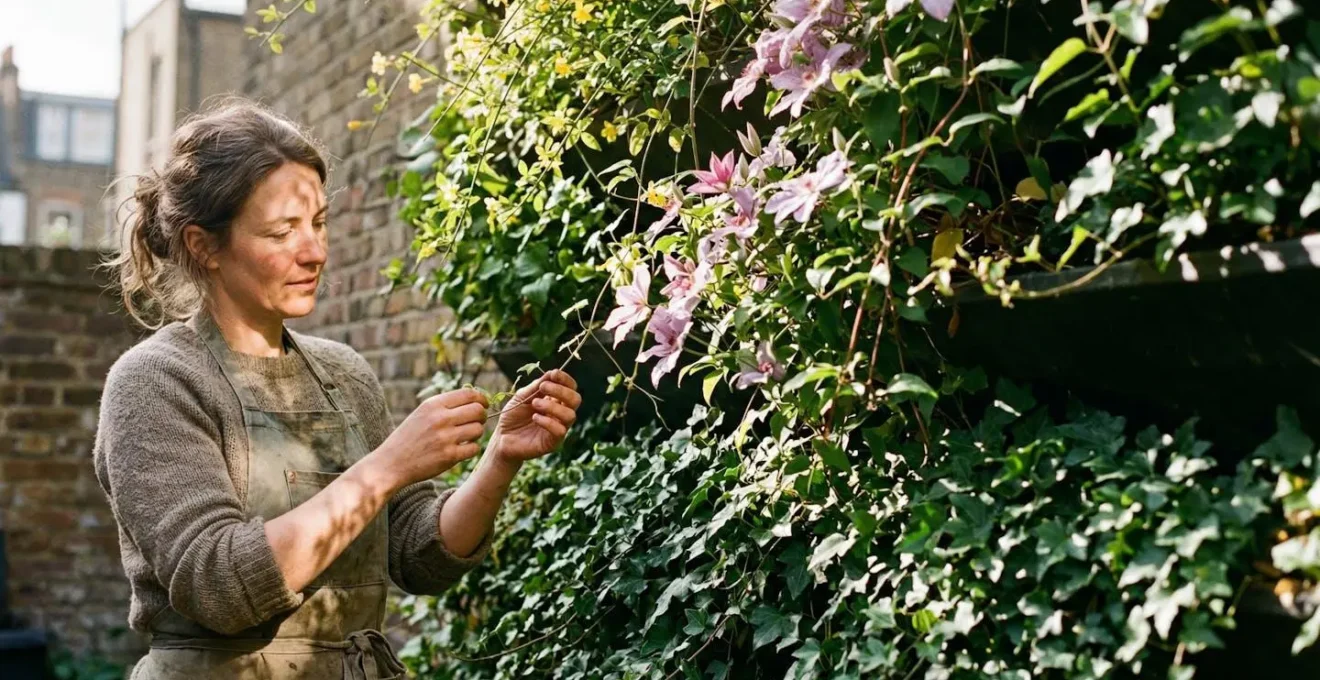 Verticale groene muur met verschillende lagen klimplanten en nestkasten