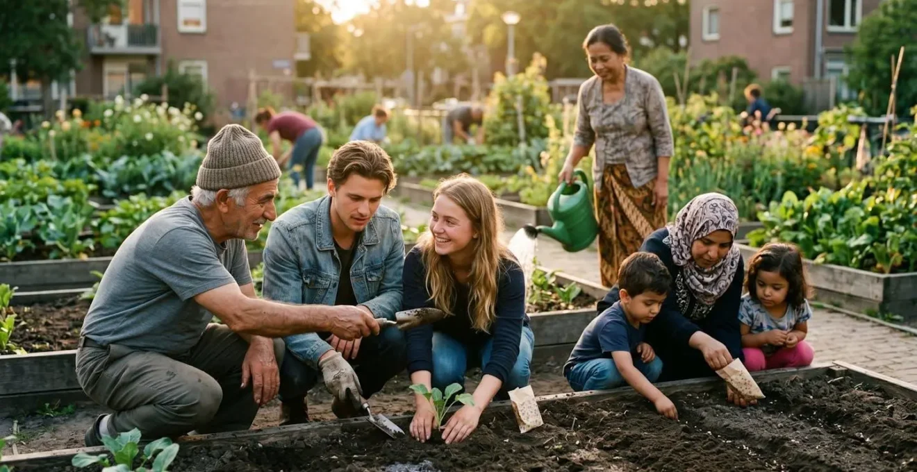 Diverse buurtbewoners werken samen in gemeenschappelijke moestuin met verhoogde bakken en gereedschap