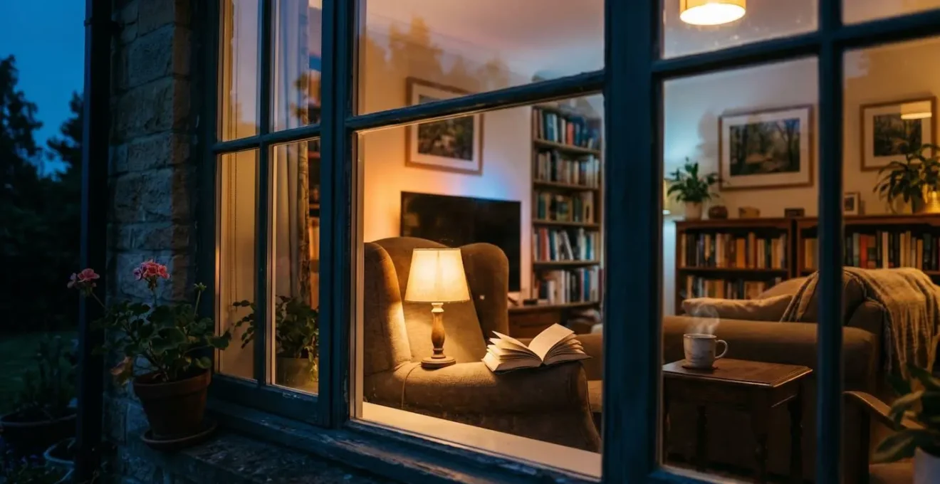 Huiskamer 's avonds met subtiel verlichte lampen die een natuurlijk aanwezigheidspatroon suggereren