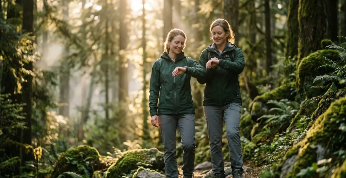 Wandelaar checkt smartwatch in dennenbos met zonnestralen door bomen