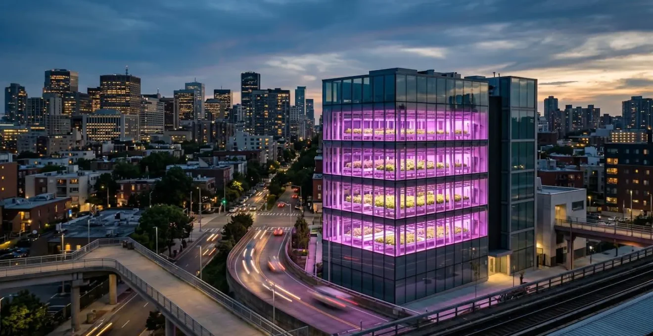 Panoramisch uitzicht op een vertical farm geïntegreerd in stedelijke omgeving met Amsterdam skyline