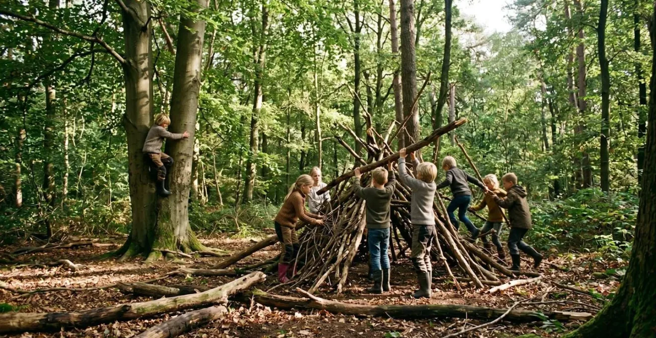 Kinderen bouwen hutten met takken in bosgebied