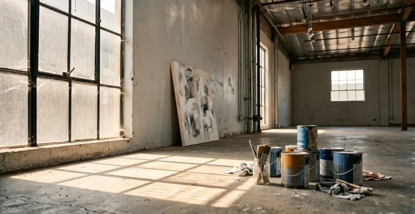 Interieur van een verlaten winkelruimte met kunstwerken in voorbereiding