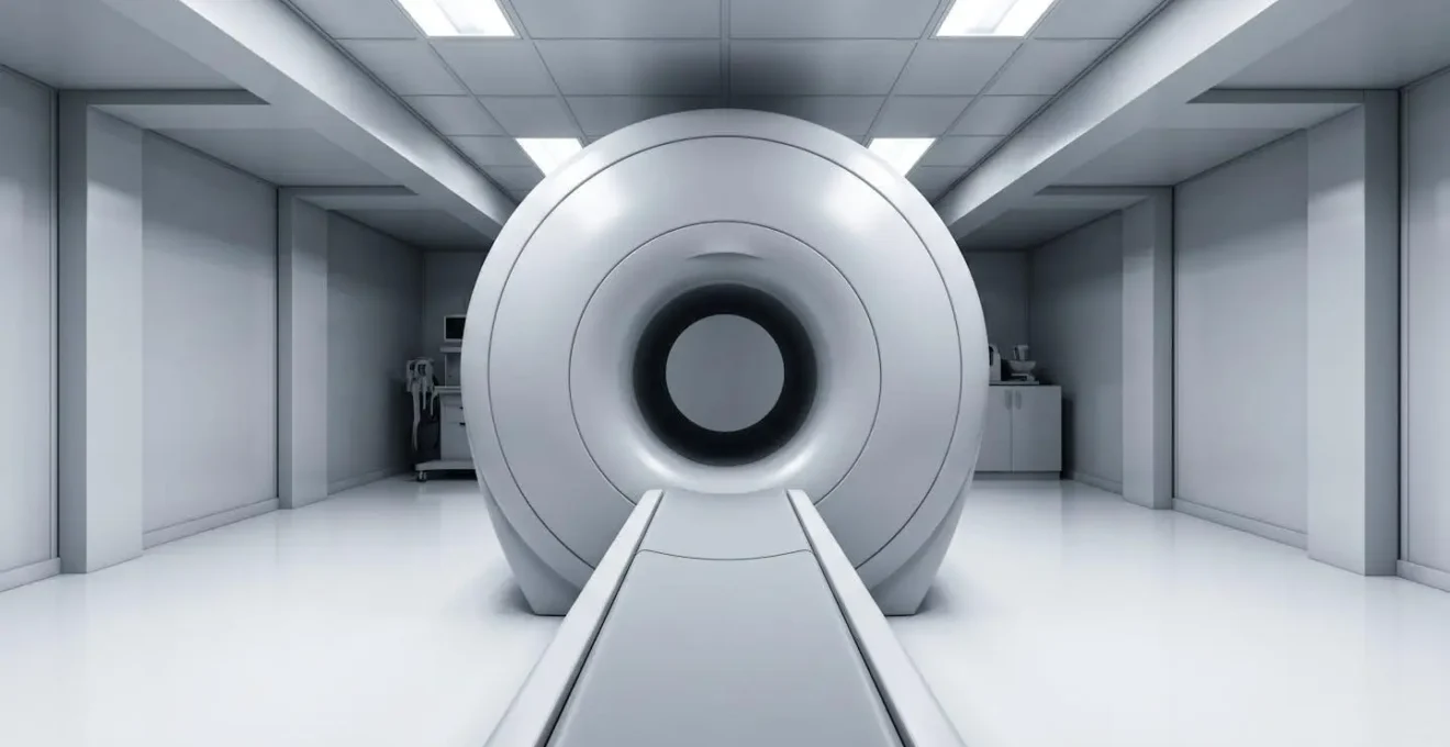 Lege MRI-scannerruimte vanuit laag perspectief met focus op opening tunnel