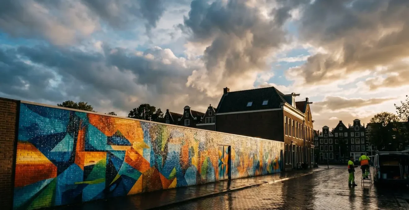 Wijde opname van beschermde muurschildering in stedelijke omgeving bij verschillende weersomstandigheden