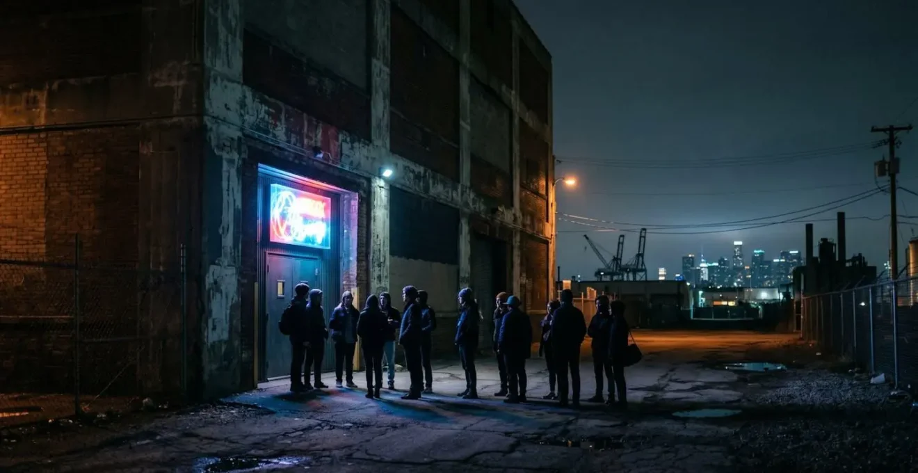 Verlaten industrieterrein bij nacht met een club in een oude fabriek