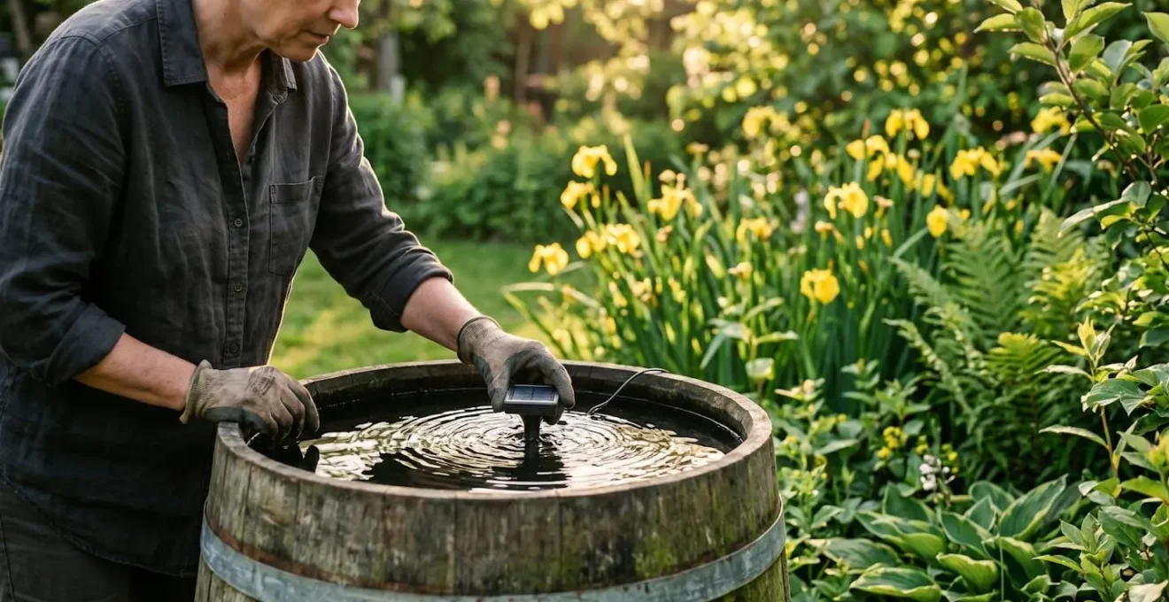 Regenton in tuin met stromend water en natuurlijke beplanting
