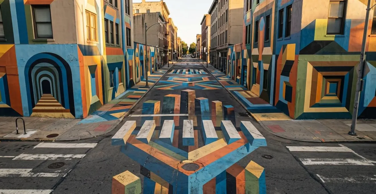 Straat met 3D zebrapad en optische wegmarkeringen