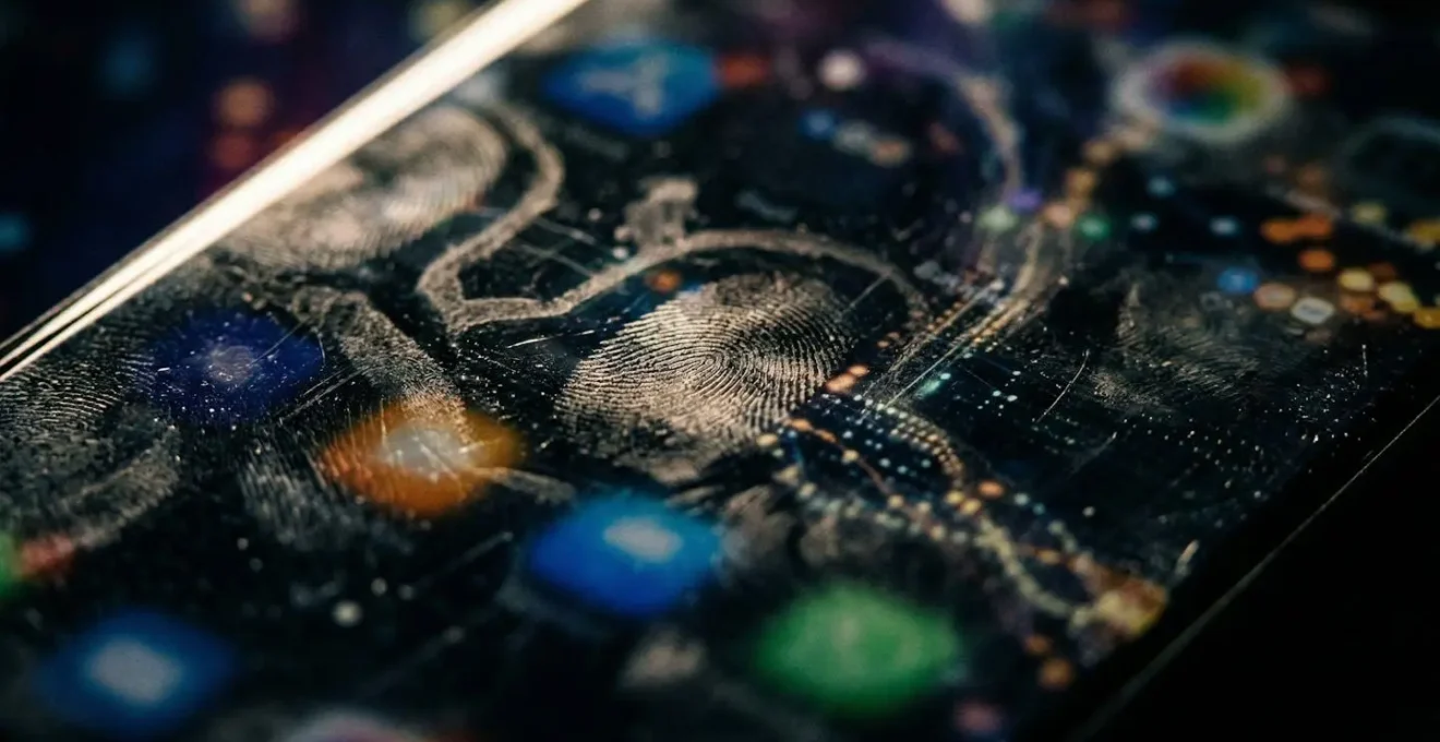 Abstracte visualisatie van dataprivacy bij gezondheidsapps, waarbij data als lichtstromen van een smartphone af vloeit.