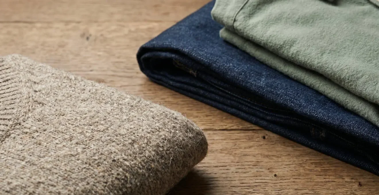 Bovenaanzicht van diverse netjes gevouwen kledingstukken op een houten ondergrond, waarbij de textuur van de stoffen zichtbaar is.