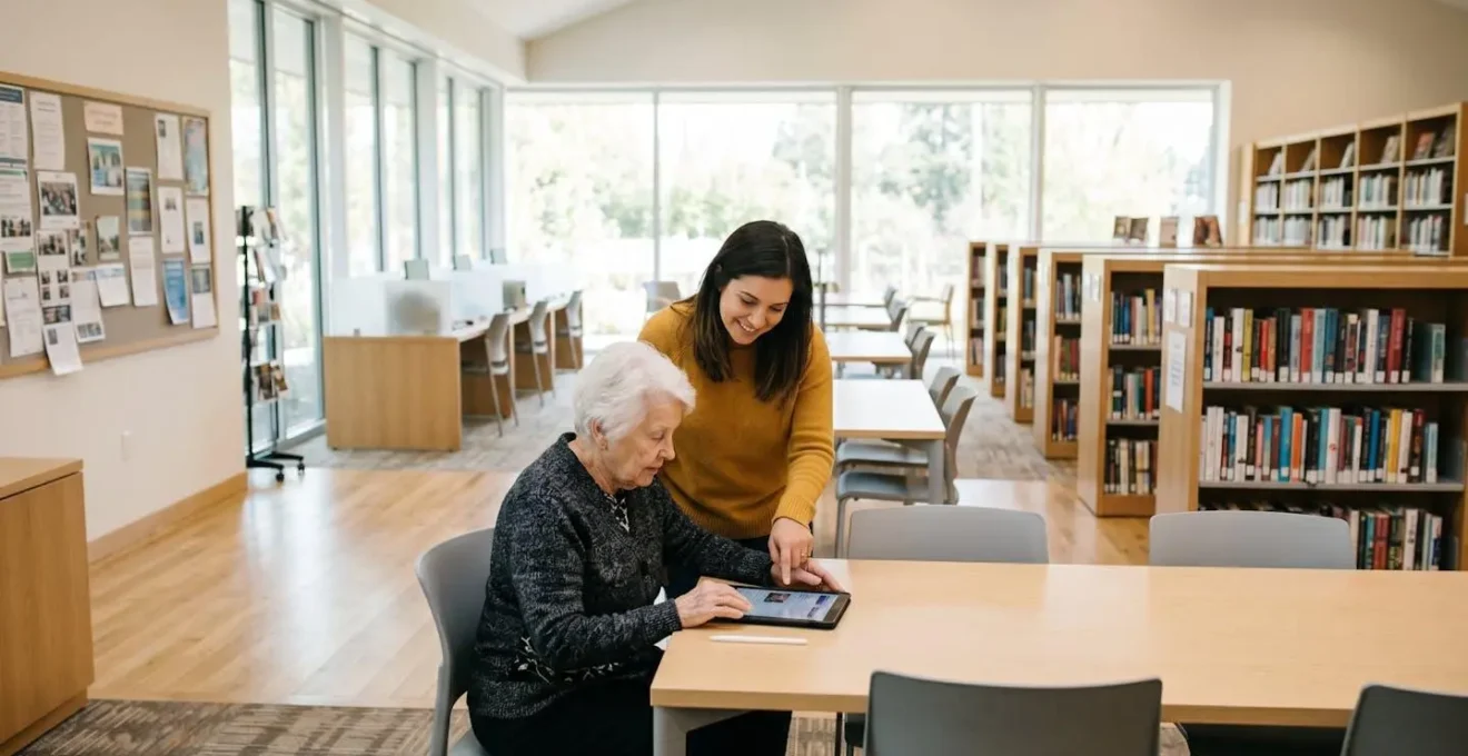 Oudere vrouw krijgt persoonlijke begeleiding bij tablet gebruik in bibliotheek