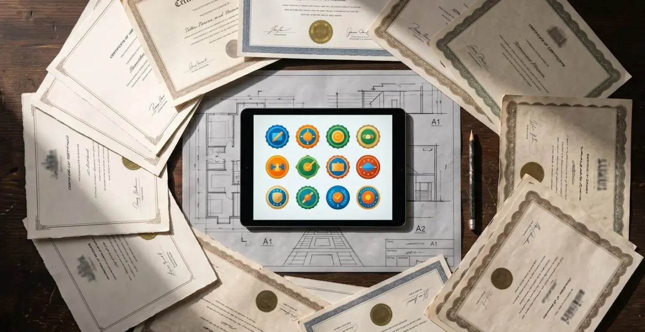Bovenaanzicht van bureau met verschillende certificaten en digitale badges op tablet