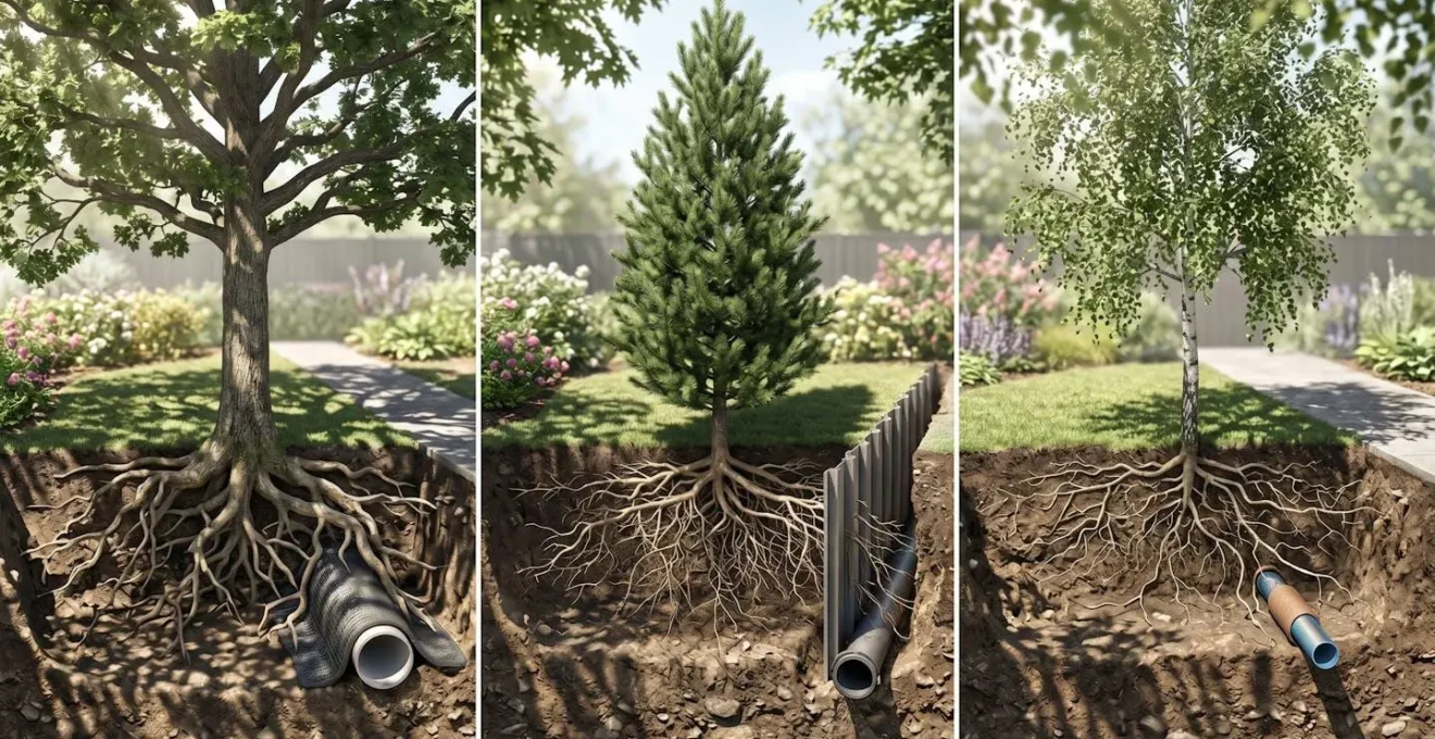Verschillende boomsoorten met wortelschermen in tuinsituatie