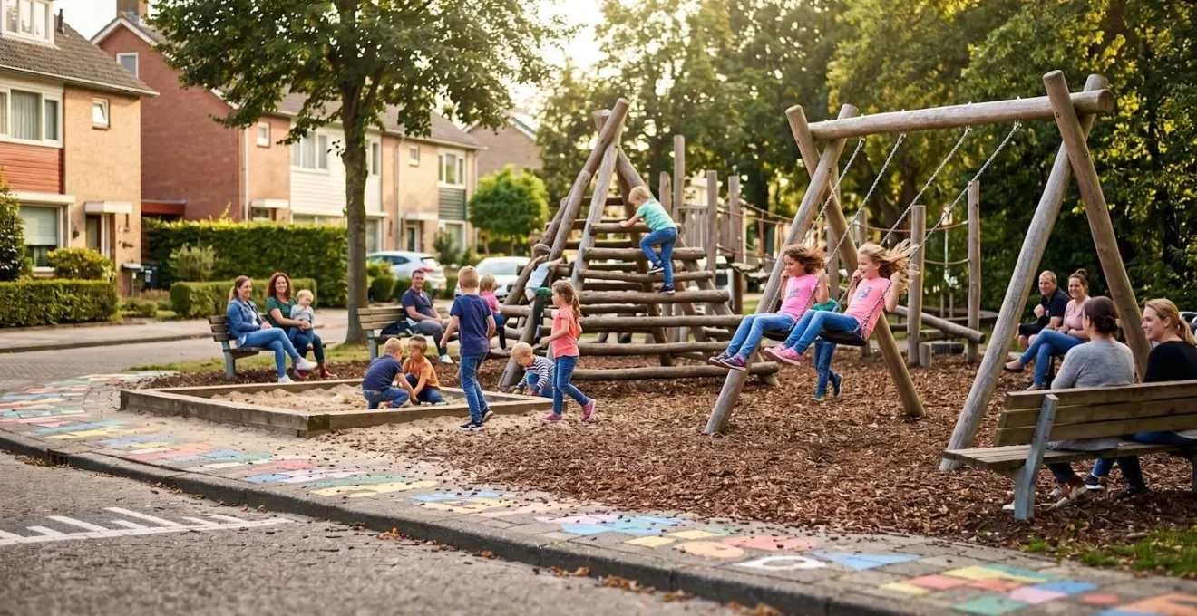Speeltuin met natuurlijke materialen en spelende kinderen zichtbaar vanaf straat