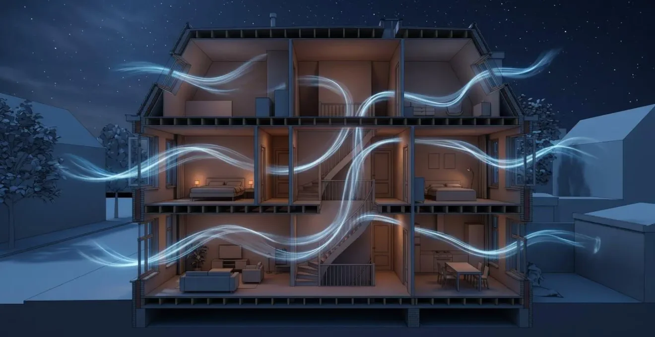 Doorsnede woning met luchtstroom door open ramen 's nachts