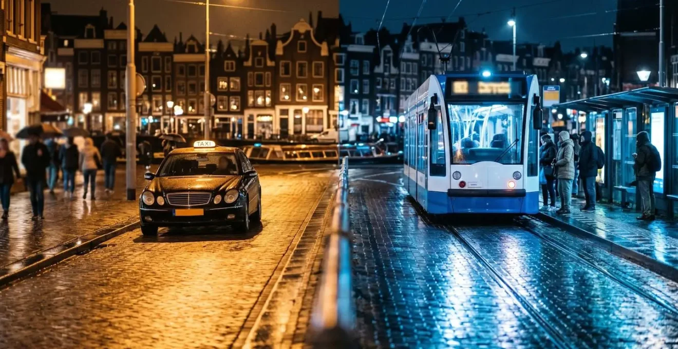 Nachtelijke straat in Amsterdam met een verlichte taxi en een tram als veilige vervoersalternatieven.
