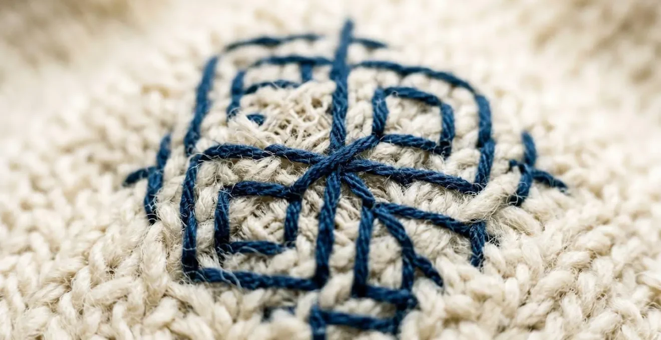 Close-up van visible mending met sashiko-borduurwerk op een gebreide trui