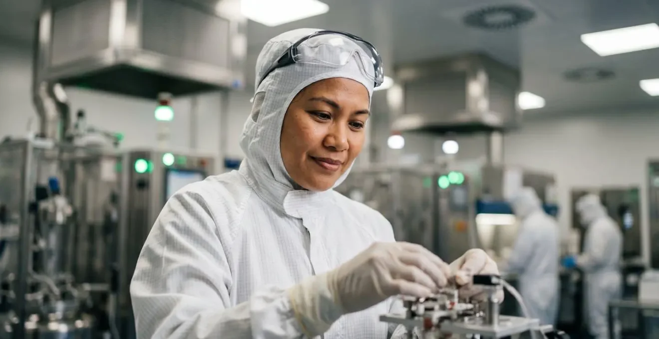 Professional in cleanroom pak werkt aan hightech apparatuur