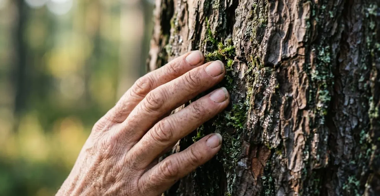 Close-up van hand die ruwe boomschors voelt met zachte focus op vingertoppen