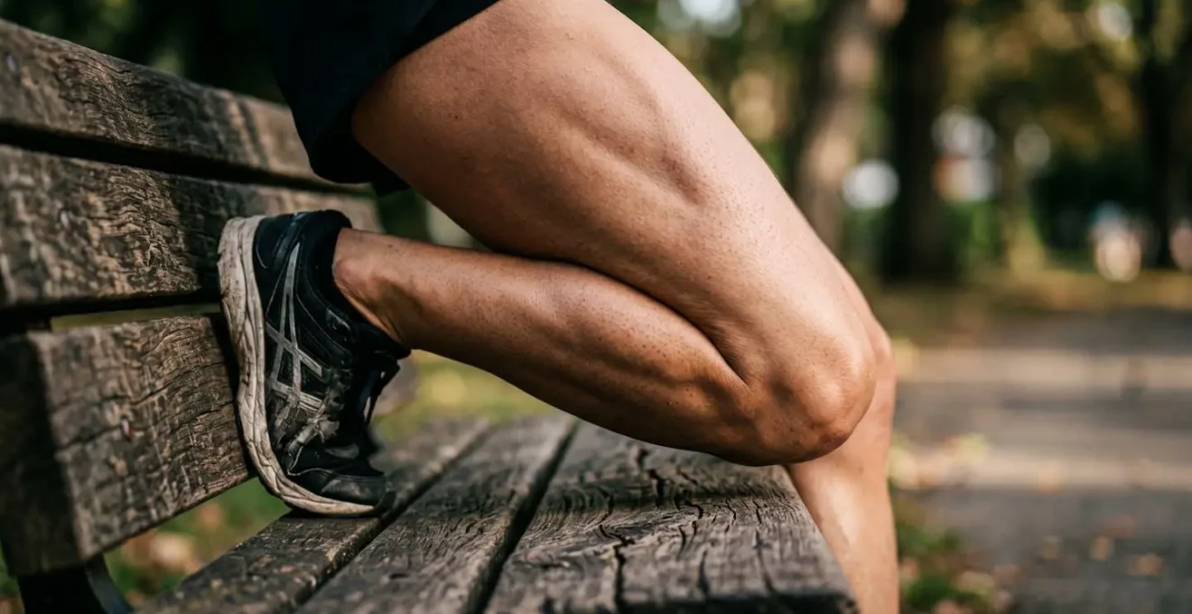 Atleet voert bulgarian split squat uit op een parkbankje